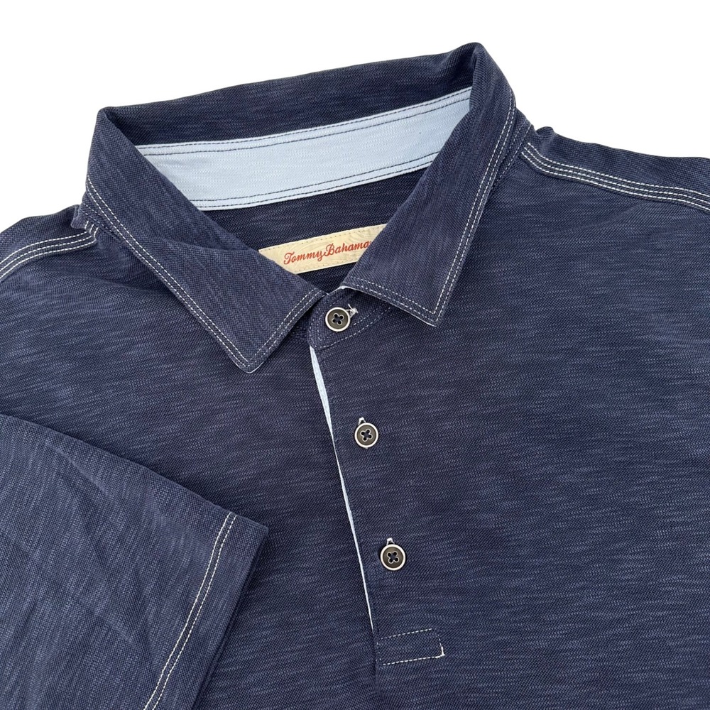 Tommy Bahama Mens XXL Navy Blue Slub Knit Polo Shirt Contrast Stitch Modal Blend
